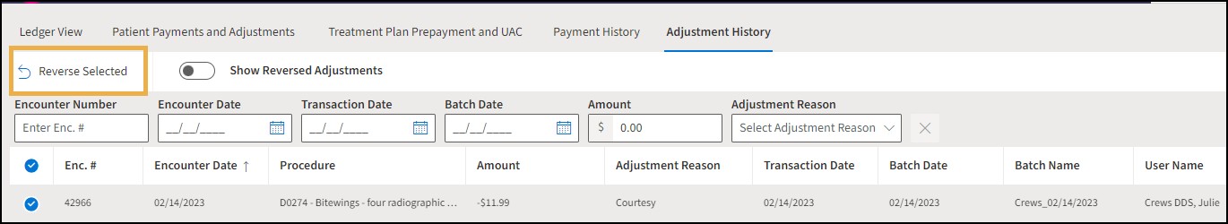 Adjustment History with yellow highlight box around the Reverse Selected button.